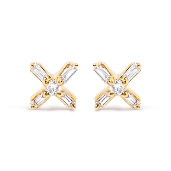10K Yellow Gold Criss-Cross Diamond Stud Earrings | 10 Natural Diamonds, Timeless Elegance