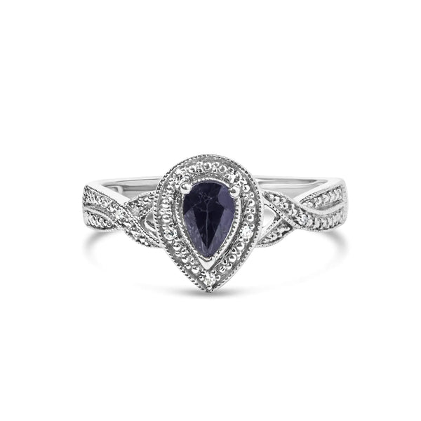 Captivate Every Room: Pear-Shaped Sapphire & Diamond Halo Ring in Sterling Silver ✨